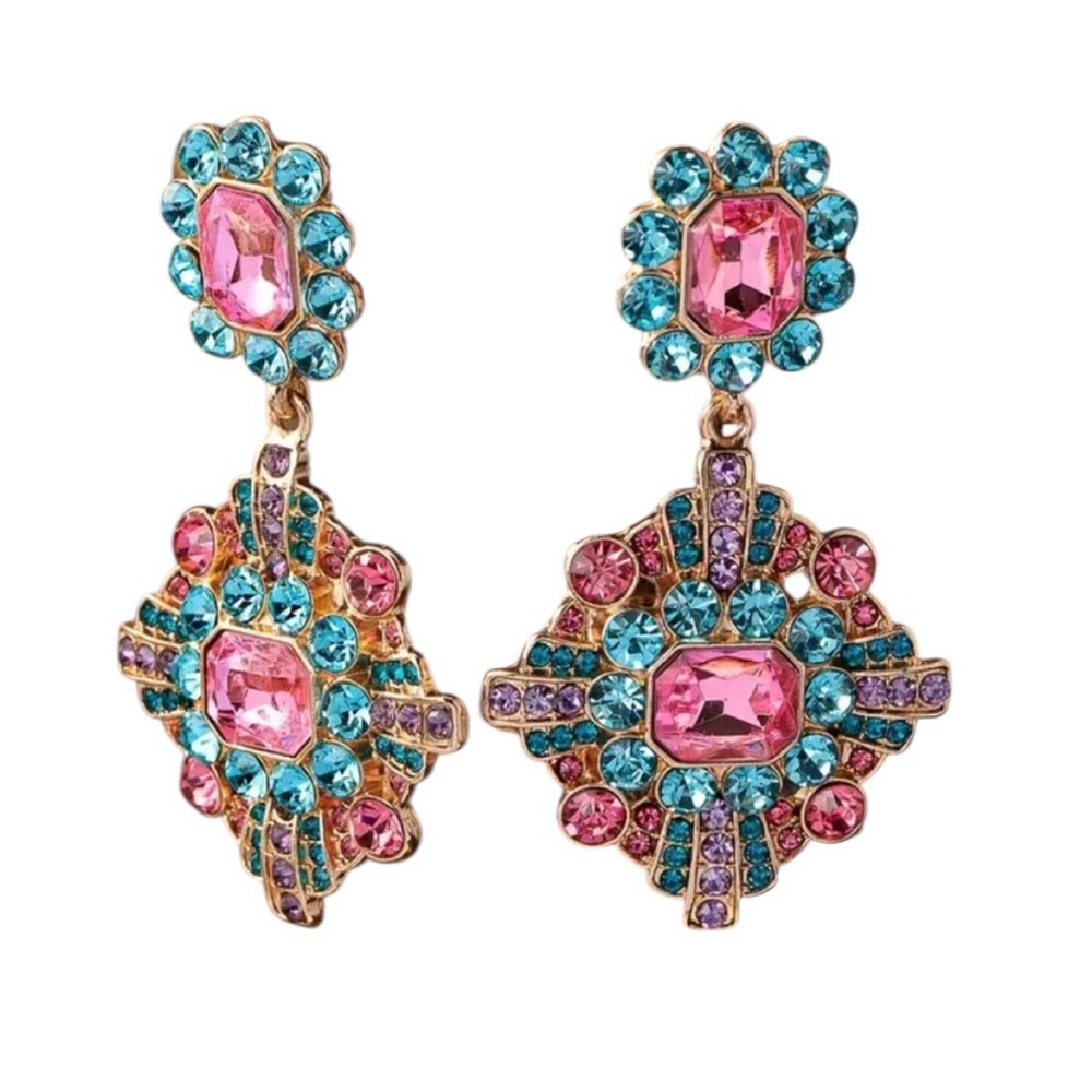 Bright Pink and Blue Rhinestone Dangle Earrings